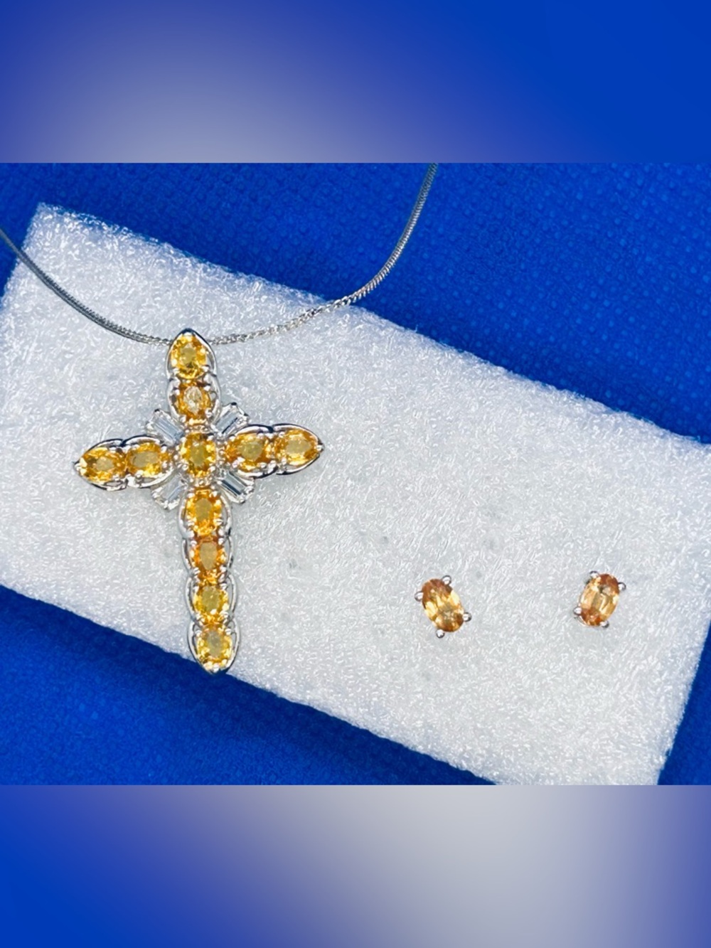 Yellow Citrine Cross Pendant Necklace and Earring Set - Women Jewelry